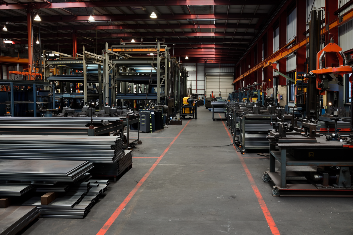 Metal fabrication shop floor with steel stock and equipment